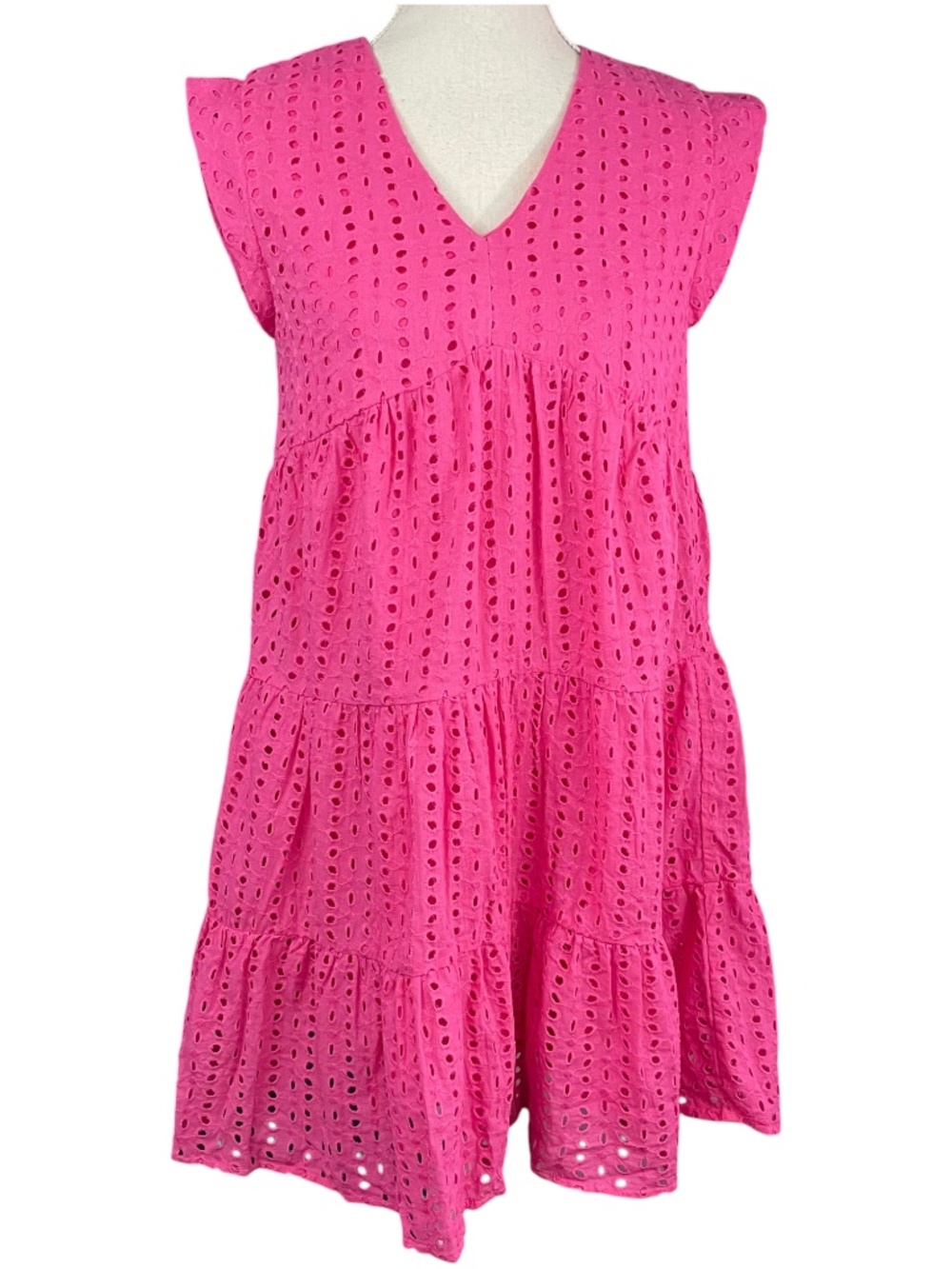 Cotton Eyelet Tiered Dress NEW S Barbie Pink Hot V-Neck Cap Sleeve Short Mini